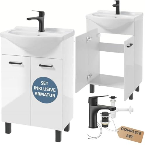 .Deftrans Domodomo Badezimmerschrank mit Waschbecken, 85 x 55 x 42 cm weißer Waschbeckenschrank, Keramik Waschbecken Set, Standschrank für kleines Bad mit waschtischarmatur Schwarz Matt