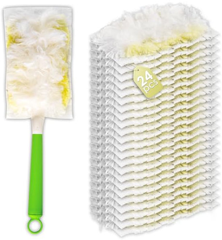 (24 pièces) Recharges de plumeau pour Swiffer Plumeau, avec 1 Poignée, Serpillères pour Swiffer Plumeaux, Recharges de Plumeau pour Nettoyage à 180°