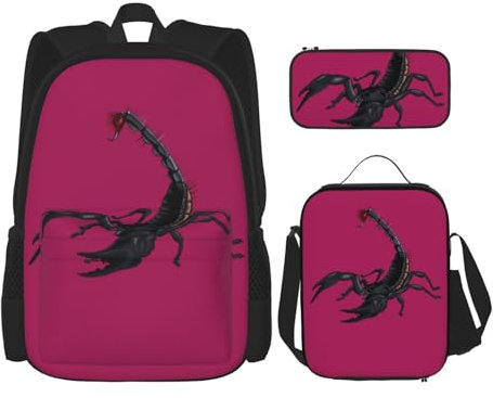 WURTON Mochila con estampado de escorpión, lonchera y estuche, 3 en 1, ajustable, color negro, talla única, Black, Talla única