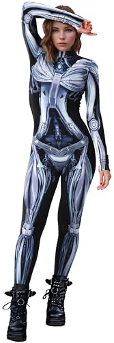 SEAUR Roboter Overall Damen Halloween Kostüm Cosplay Jumpsuit Skelett Knochen Anzug Karneval Fasching S-XL