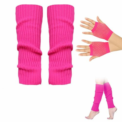 Rakiuty Calcetines Calentadores de Piernas,Set de Calentadores de Piernas Elásticos de Neón y Guantes,Calcetines para Piernas y Manos,Guantes de Fiesta de los años 80 y 90,Rojo Rosa