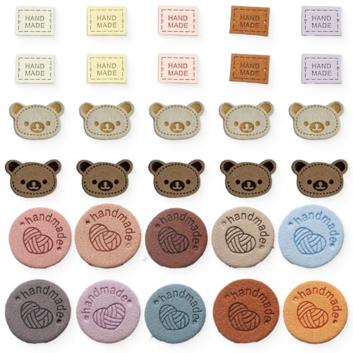 FMYODWU 30 Stück Handmade Label zum annähen, Handgefertigte Etiketten PU-Leder, Handgefertigt Geprägtes Etikett mit Löchern für Häkelkleidung, Stricken, DIY Jeans, Taschen, Hüte, Häkeln (3 Stile)