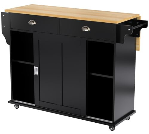 DRIXNO kücheninsel Freistehend mit Klappbarer Arbeitsplatte Küchenschrank Küchenwagen auf 4 Rollen, mit Schiebetür und 2 Schubladen, Schwarz Für Esszimmer 112x40(70) x94cm