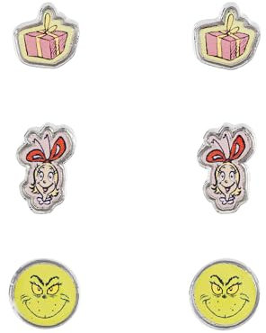 The Grinch Ohrstecker-Set für Damen und Mädchen, klassisches Cartoon-Design, 3-teilig, Einheitsgröße, Metall, Kein Edelstein