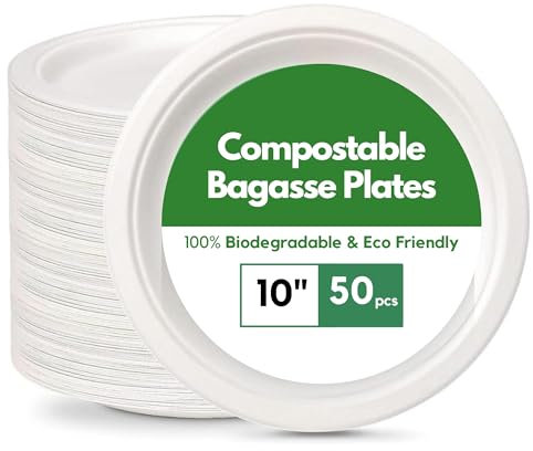 CaterCo Disposable Bagasse Paper Plates - White Eco-Friendly, Compostable, Super Rigid Tableware, Biodegradable, Sugarcane Plate, Heavy-Duty for Parties, Picnics, BBQs, Microwavable - 10 Inch 50 Pack