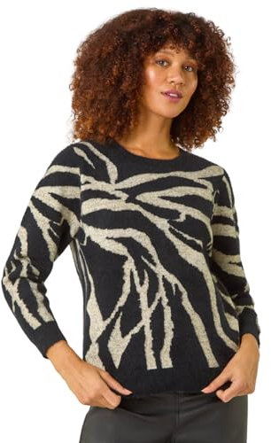 Roman Originals Thick Jumper for Women UK - Ladies Winter Autumn Smart Casual Knit Knitted Knitwear Pull-On Round Crew Neck Long Sleeve Work Office Dinner Party - Onyx Ivory - Size 16