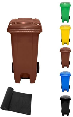 Jardin202 - Cubo de Basura 120 Litros con Pedal y Ruedas | Contenedor de Basura Robusto con PEDAL | 120 L + Bolsas (Marrón)