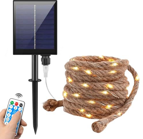 LED Lichterkette Seil Solar Seil Lichterkette außen, 7 Meter 200 LEDs warmweiß Tau Lichterkette Wasserdicht, LED Solar Lichterkette au Dünn Seil für Garten Terrasse Balkon Deko,USB-Aufladung + Fernbe
