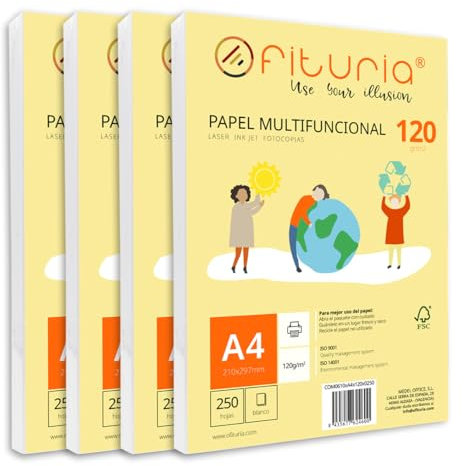Packung mit 1000 weißen DIN A4 Blättern, 120g Druckerpapier. Multifunktionales Kopierpapier für Schule und Büro. Ideal für Laserdrucker, Tintenstrahldrucker oder Kopierer – Ofituria