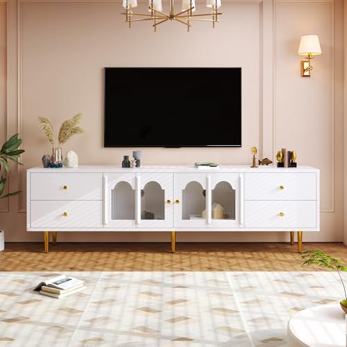 Jaxenor 170cm TV Schrank mit 2 Türen und 4 Schubladen, TV Board mit Stauraum, Moderner Fernsehschrank mit Gewölbter Glastür, Fernseher Schrank für Wohnzimmer, Goldenen Griffen und Beinen, Weiß