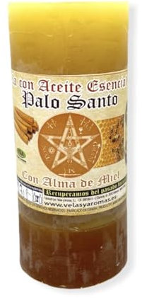 Velón Palo Santo con Alma de Miel Limpieza, Eliminación Malas Vibraciones - Velas y Aromas - Aceites Esenciales - 14x6cm - HOSTENATURA