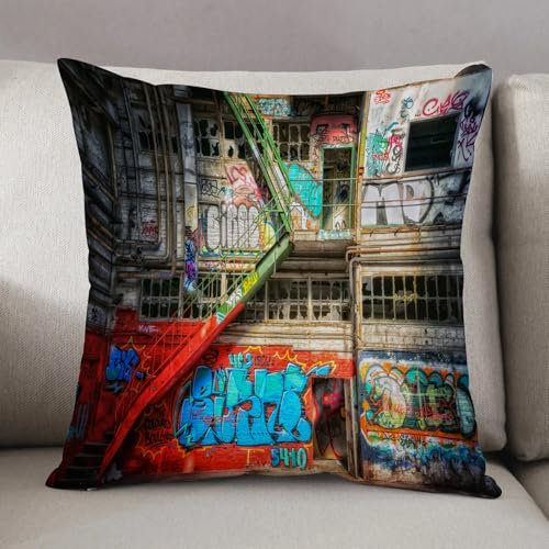 LEZUAHSH Kissenbezüge Couchkissen Modern Kuschelig Dekokissen Kissenhülle Sofakissen Zierkissen Wohnzimmer Bett,Hip-Hop-Graffiti-Gebäude-Doodle,40x40cm