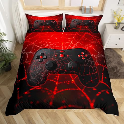Homemissing Gamer Bettwäsche Set 135x200cm Rotes Gaming Honeycomb Bettbezug für Kinder Videospiel Gamepad Dekor Betten mit Reißverschluss Schlafzimmer Dekor