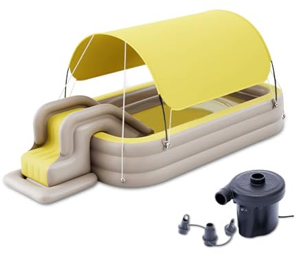 Blissbuilt Piscina Gonfiabile Bambini 260 * 170cm,Piscina Rettangolare con Acquascivolo e Tenda da Sole,Piscina Gonfiabile Familiare a 3 Anelli Materiale Spesso in PVC,per Cortile Esterno da Giardino