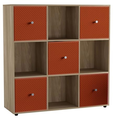 URBNLIVING 9 Cube Storage Unit with 5 Foldable Fabric Drawers, Wooden Freestanding Bookcase Shelf Organiser, Modern Cube Shelving for Bedroom, Office, Living Room, Toys, Clothes & Books