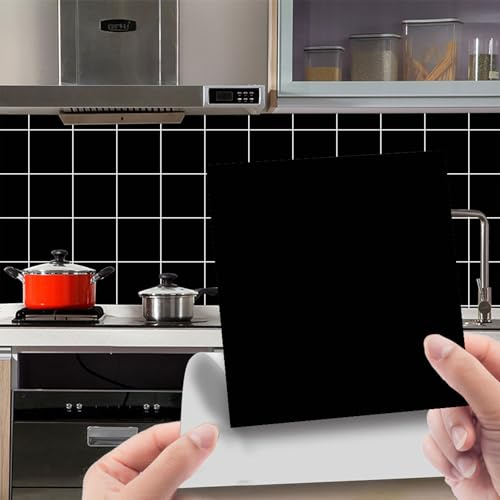 Lot de 48 autocollants pour carrelage de salle de bain et cuisine - 15 x 15 cm - Carreaux adhésifs imperméables pour mur arrière de cuisine - Film mural en PVC (noir - 48 pièces)