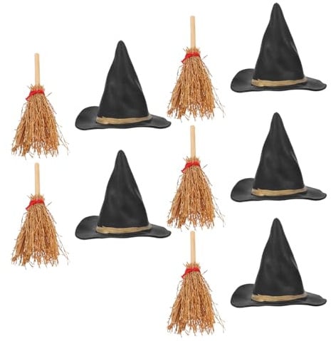 GARVALON 10 Stück Halloween Hexenhut und Kleiner Besen aus Kunststoff und Holz Kleine Bastel Hexenhüte und Zauberbesen für Halloween Deko und Kostümzubehör