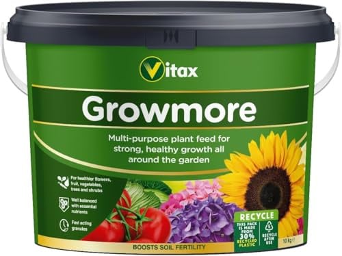 Vitax Growmore Granular Fertiliser for Allotments Vegetables and Flowers – NPK 7-7-7 Multi Purpose Plant Food for Pre-Turf and Grass Seed – Treats 70sq.m – 10kg Tub