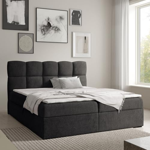 Home Collective Boxspringbett Polsterbett Doppelbett Bett mit Stauraum viele Größen & Farben | Topper inklusive | modernes Design mit Kassettensteppung Schlafzimmer Jugendzimmer | Schwarz 140x200 cm