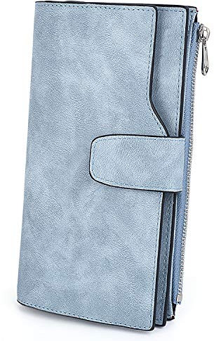 UTO RFID Brieftasche für Damen PU Matte Leder Blockierung Tech Wallet Kartenhalter Organizer Frauen Kleine Nette Geldbörse mit Druckknopfverschluss Blau
