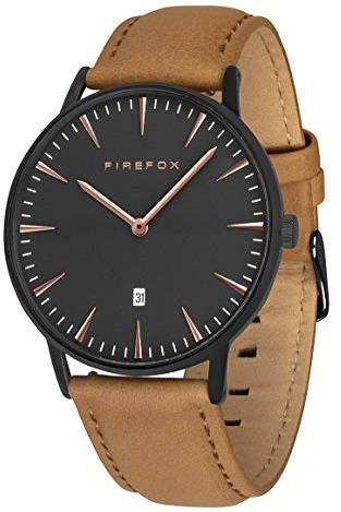 FIREFOX Damenuhr Herren- Armbanduhr Passion analog Quarz Edelstahl schwarz Lederarmband braun Zifferblatt schwarz Rosegold 5 ATM wasserdicht FFPL02-123