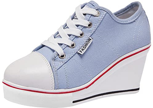 ANUFER Mujer Tacón de Cuña con Cordones Lona Zapatos Deportivos Alpargatas SN02435 Azul EU35