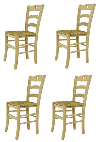 Tommychairs - Set 4 chaises Cuore pour Cuisine, Bar et Salle à Manger, Robuste Structure en Bois de hêtre Poli, Non traité, 100% Naturel et Assise en Paille