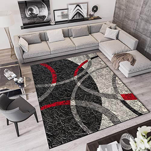 TAPISO Qmega Teppich Kurzflor Schwarz Grau Rot Creme Abstrakt Streifen Kreise Muster Designer Modern Wohnzimmer Schlafzimmer ÖKO-TEX 140 x 200 cm