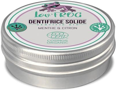 Lov'Frog - Dentifrice Solide - 100% d’ingrédients naturels - Facile à Transporter - Certifié Bio Ecocert - Pot 50g - Menthe & Citron