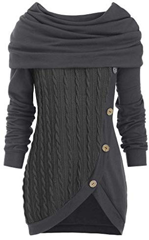 Damen große Einfarbige Nähte Knopf Kragen mit Kapuze unregelmäßig gestrickter Pullover mit Herbstmode Longpullover Foldover Kragen Tunika Shirt Loose Sweatshirt Long Top Oberteile Langarmshirt