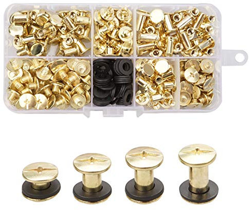 Lot de 120 vis de reliure Chicago en laiton, 4 tailles de vis, rivets en métal, bouton Chicago, vis à tête cruciforme, kit de vis Chicago pour loisirs créatifs, ceinture, portefeuille, décoration.