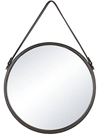 INSPIRE - Wandspiegel - Spiegel Rund Barbier - Dekospiegel mit Riemen - Ø 41cm - Schwarzes Metall - Hängespiegel rund - Wandspiegel schwarz rund