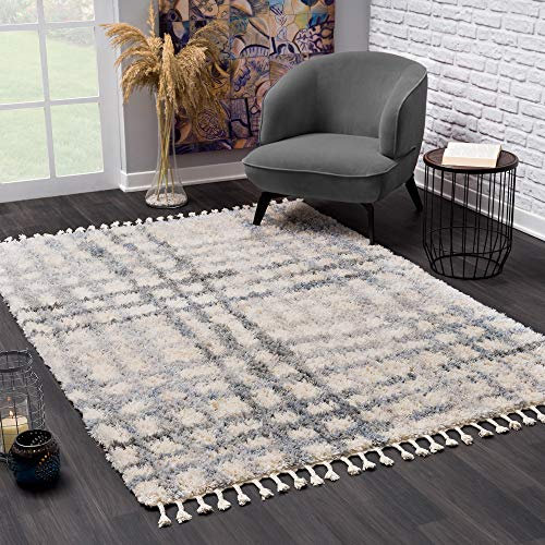 SANAT Wohnzimmer Teppich VersayS - Shaggy Tepiche für Wohnzimmer, Schlafzimmer, Küche Creme/Grau, Größe: 80 x 150 cm