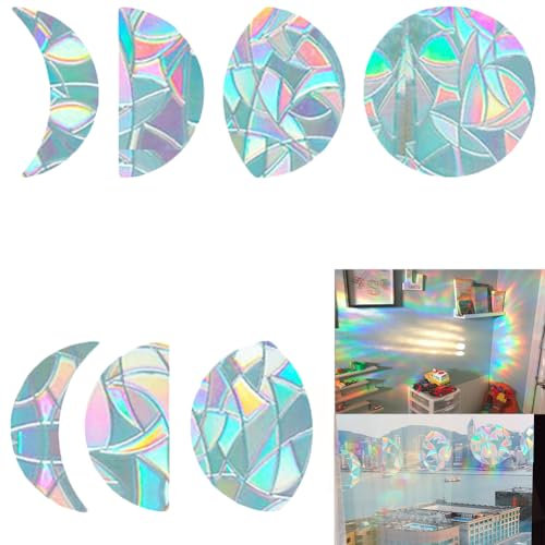 GORGECRAFT Moon Phase Window Clings Anti-Kollisions-Static Rainbow Glasaufkleber Bird Alert Decals Sun Catcher Dekorationen Nicht Klebendes Prismatisches Vinyl Zum Verhindern von Stop Birds (7PCS)