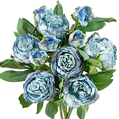 FiveSeasonStuff Vintage Dusty Blue Peonies Artificial Silk Flowers Arrangement with 6 Stems, Wedding Bridesmaids Bouquet Bridal Showers