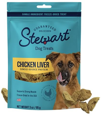 Stewart Chicken Liver Dog Treats, 3 oz, ~55 Pieces, Freeze Dried Raw, Single Ingredient, 60% Protein Training Treats or Meal Topper in a Resealable Pouch, Grain Free, Gluten Free