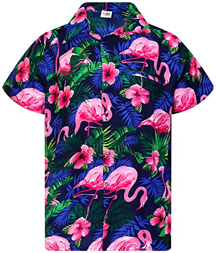 King Kameha Hawaii Hemd Männer - Tropisches Hawaiihemd Herren Kurzarm mit Flamingo-Print & Fronttasche, Ideal für Urlaub, Festival & Strand