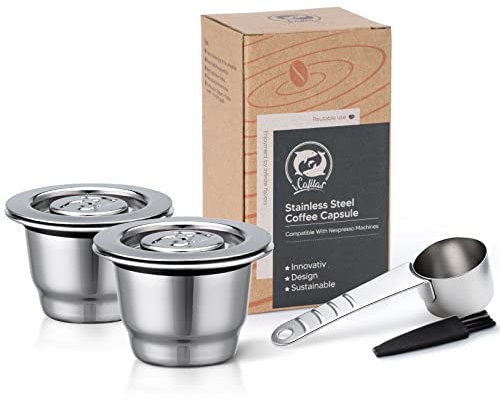 Capsule de Café Réutilisable en Acier Inoxydable pour Nespresso - Filtre Rechargeable avec Cuillère et Pinceau (2 Capsules)