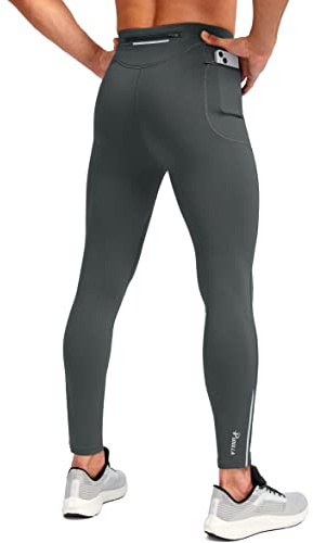 Pudolla Men's Thermal Running Tights with 3 Zipper Pockets Workout Compression Leggings Cycling Pants for Men Hiking Jogging(Dark Grey Small)
