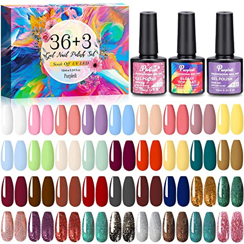 Purpledi UV Gel Nagellack Set, UV Nagellac, 39 Stück Gel Nagellack UV Farbgel Set, mit Unterlack & Glitzer Überlack & Matte Überlack, Farben Set Für NäGel Gel Nail Polish Farbgel GelnäGel Set