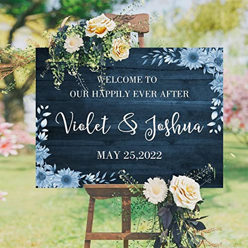 Hochzeits-Willkommensschild, blaues Blumenmuster, individuelles Holzschild, elegant, rustikales Holzschild für Hochzeit, Verlobung, Hochzeit, Party, Dekoration, 45,7 x 61 cm