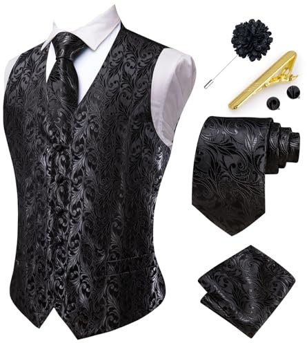Hi-Tie Herren-Anzug, Weste, Krawatten-Set mit Anstecknadel oder Krawattenklammer, Seidenweste, Taschentuch für Hochzeit, formelle Smoking, Schwarz, XX-Large