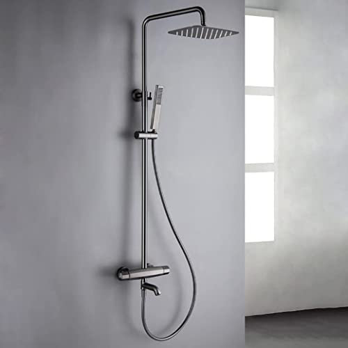 Brausegarnitur Duschsystem Gun Grey Messing Thermostat DREI Funktionen Brausegarnitur Badewanne Umsteller Mischbatterie mit höhenverstellbarem Brausekopf und Wannenarmaturen, Brausegarnitur,B