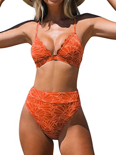 CUPSHE Damen Bikini Set Triangel Wellenkanten High Waist Bademode Jacquard Blumenmuster Zweiteiliger Badeanzug Swimsuit Korallenorange XL