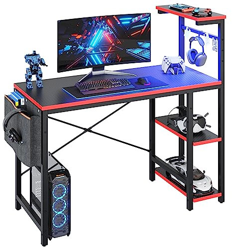 Bestier 113CM Reversible Corner Gaming Desk with RGB LED Lights, Black Carbon Fibre Surface, Storage Shelves, Side Pocket & Hooks, Compact Computer Desk for Small Spaces & Home Office