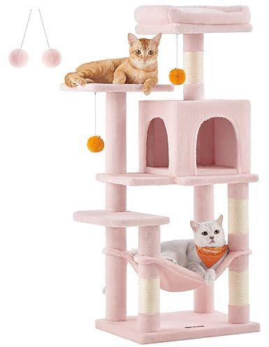Feandrea Arbre à Chat Hauteur 112 cm, Tour de Jeux pour Chats, avec 4 Poteaux à Griffer, 2 Plateformes, 1 Niche, 1 Hamac, 2 Pompons, en Tissu Peluche, Multi-Niveaux, Rose Bonbon PCT261P01