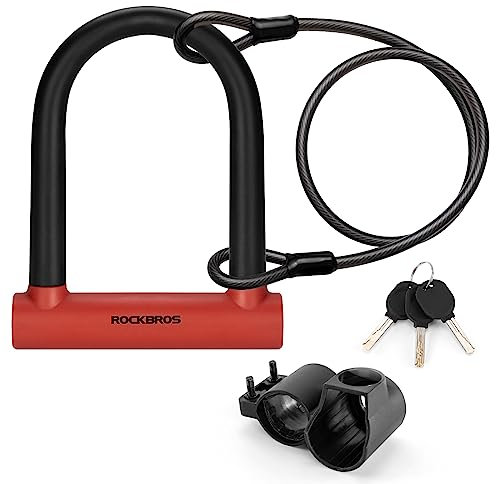 ROCKBROS Candado en U para Bicicleta Alta Seguridad Antirrobo con Soporte de Montaje + 1.2 Metros Cable para Bicicleta Motocicleta Scooter Puertas