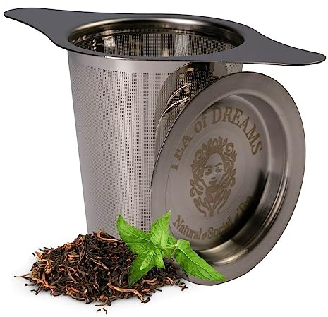Teesieb für losen Tee aus rostfreiem Edelstahl – Ideal für Tasse & Kanne, Teefilter mit Deckel und Abtropfschale – Feinmaschig und Spülmaschinengeeignet