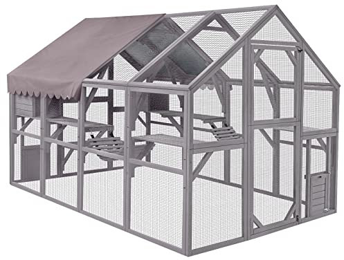 Large Cat Run Wooden Shelter Catio Outdoor Kitty House Cat House with Walks, Roof Cover