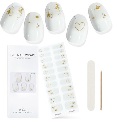 EBANKU Cured Gel Nail Strips, White Gel Nail Strips Long Lasting Waterproof Real Nail Polish Strips Wraps Stickers with Cuticle Stick, Nail File, Nail Wipes & Sealing(UV/LED Lamp Required)